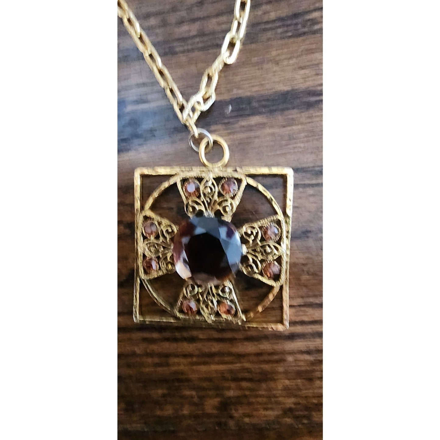 Vintage 60s Baroque Pendant Necklace Maltese Cross Gold Amber Brown Glass