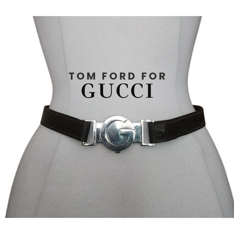 Vintage Gucci Y2K Belt GG Logo Chrome Buckle Tom Ford 2000s Era Brown Leather S
