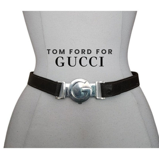 Vintage Gucci Y2K Belt GG Logo Chrome Buckle Tom Ford 2000s Era Brown Leather S