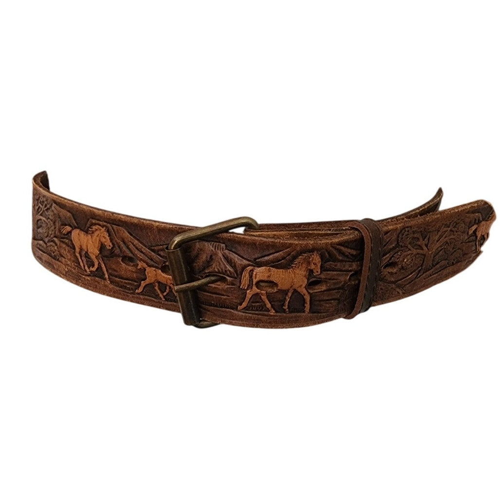 Vintage 1970s The Rowel Brown Belt Tooled Leather Horses Trees Cowboy Western