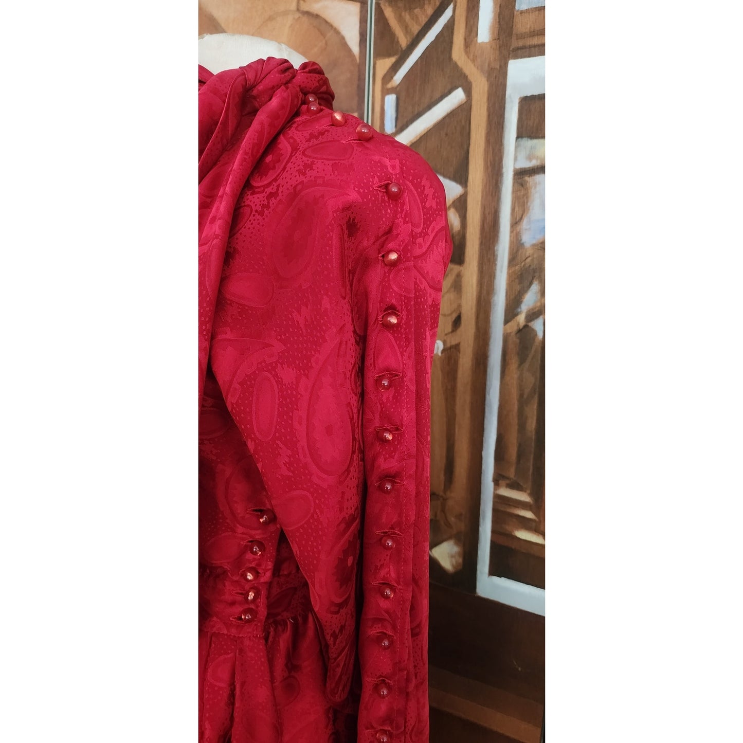 Vintage 1980s Emanuel Ungaro Dress Red Silk Paisley Print I Magnin Long Sleeve Scarf Sash Tie