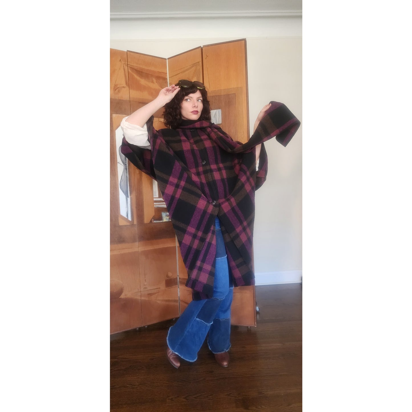 Vintage 1990s Purple Wool Plaid Poncho Cloak Coat Cape w/Scarf