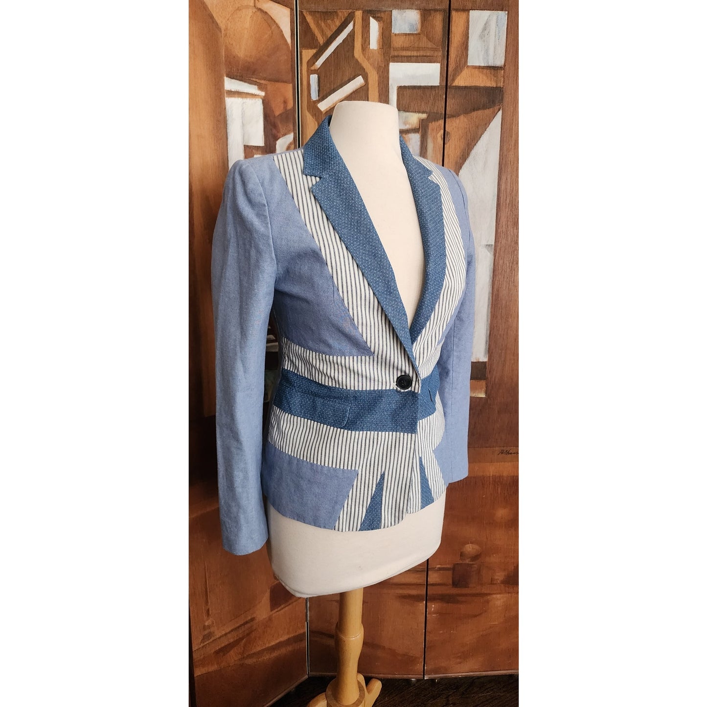 Jack Wills Blue and White Patchwork Denim Blazer, Fitted Single Button