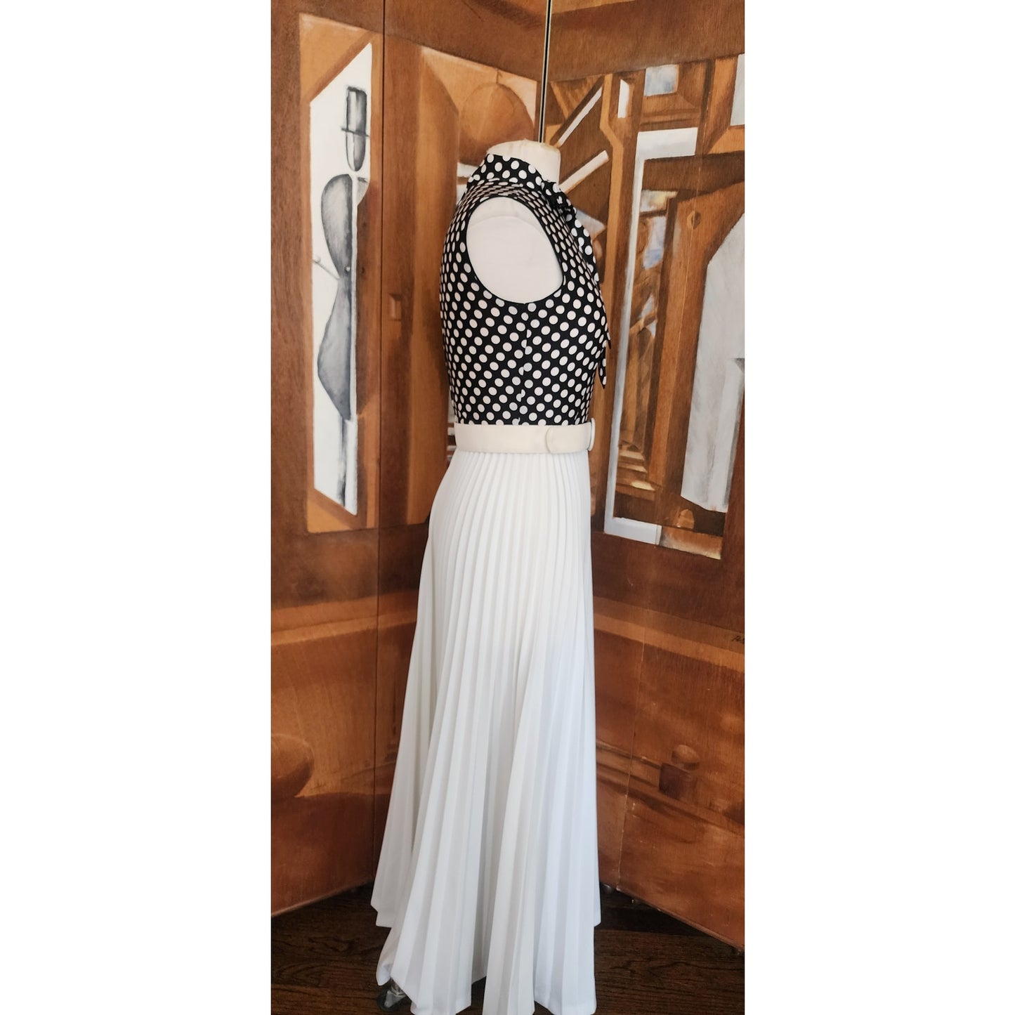 Vintage 1970s Maxi Dress Polkadot Print Pleated Skirt Black White Belted / S