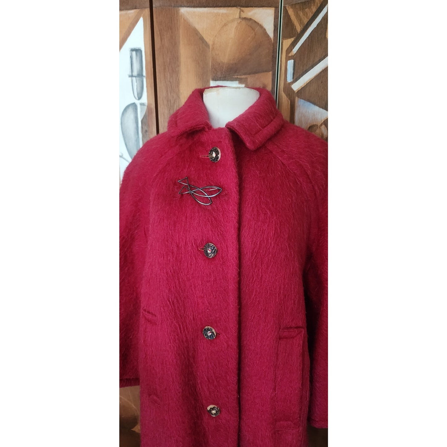 Vintage 1960s Loden Plankl Red Wool Coat Austrian Trachten Alpine Silver Fish Pin