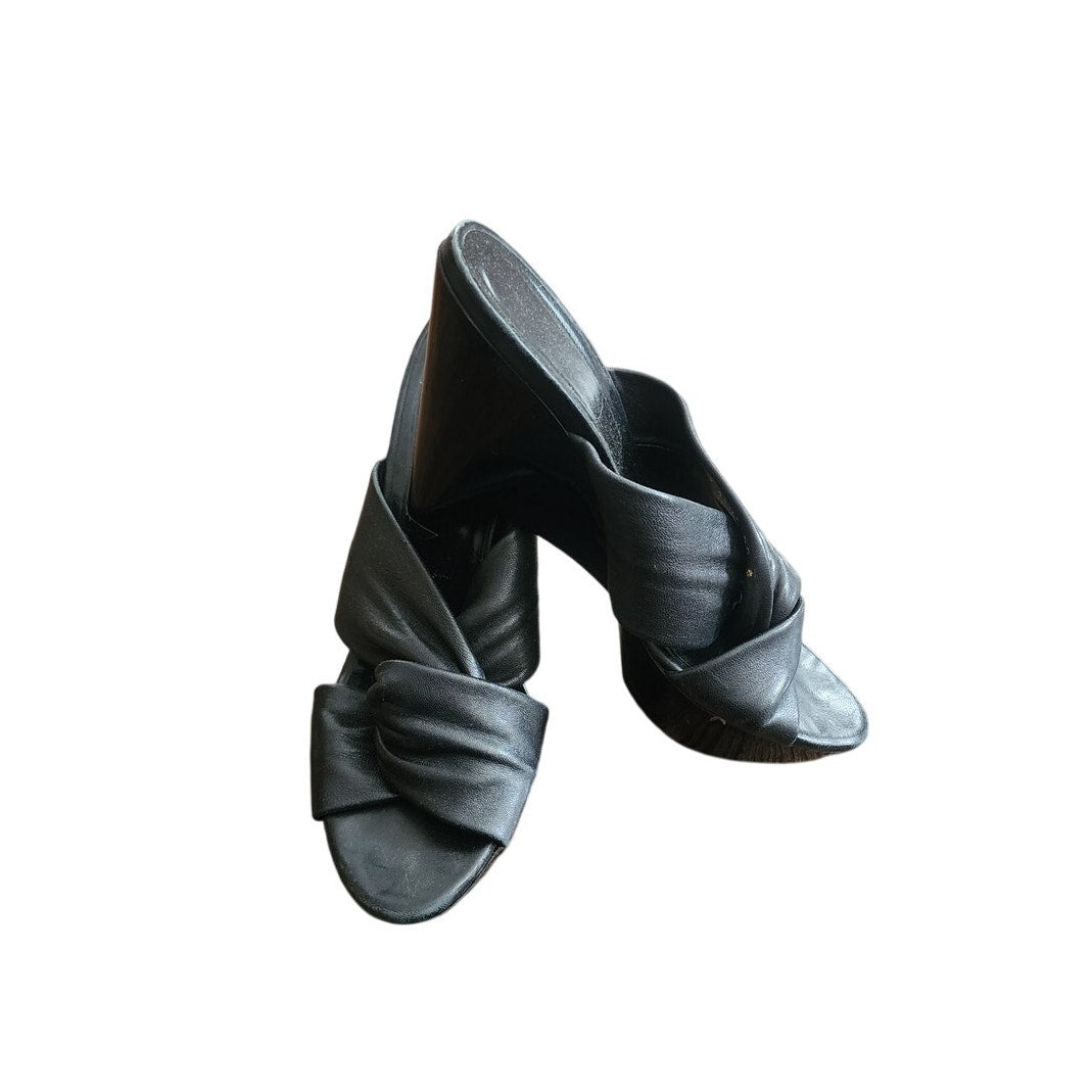 Vintage Robert Clergerie Slides Heels Black Leather Architectural Wedge Sandals Size US 6