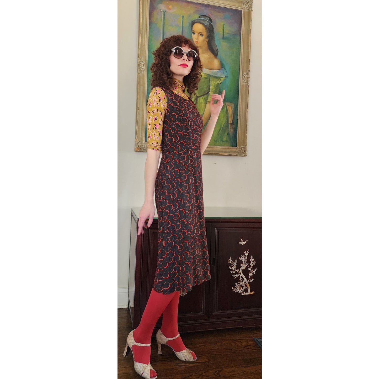 Vintage 1960s Embroidered Dress Red on Black Crescent Moon / Medium