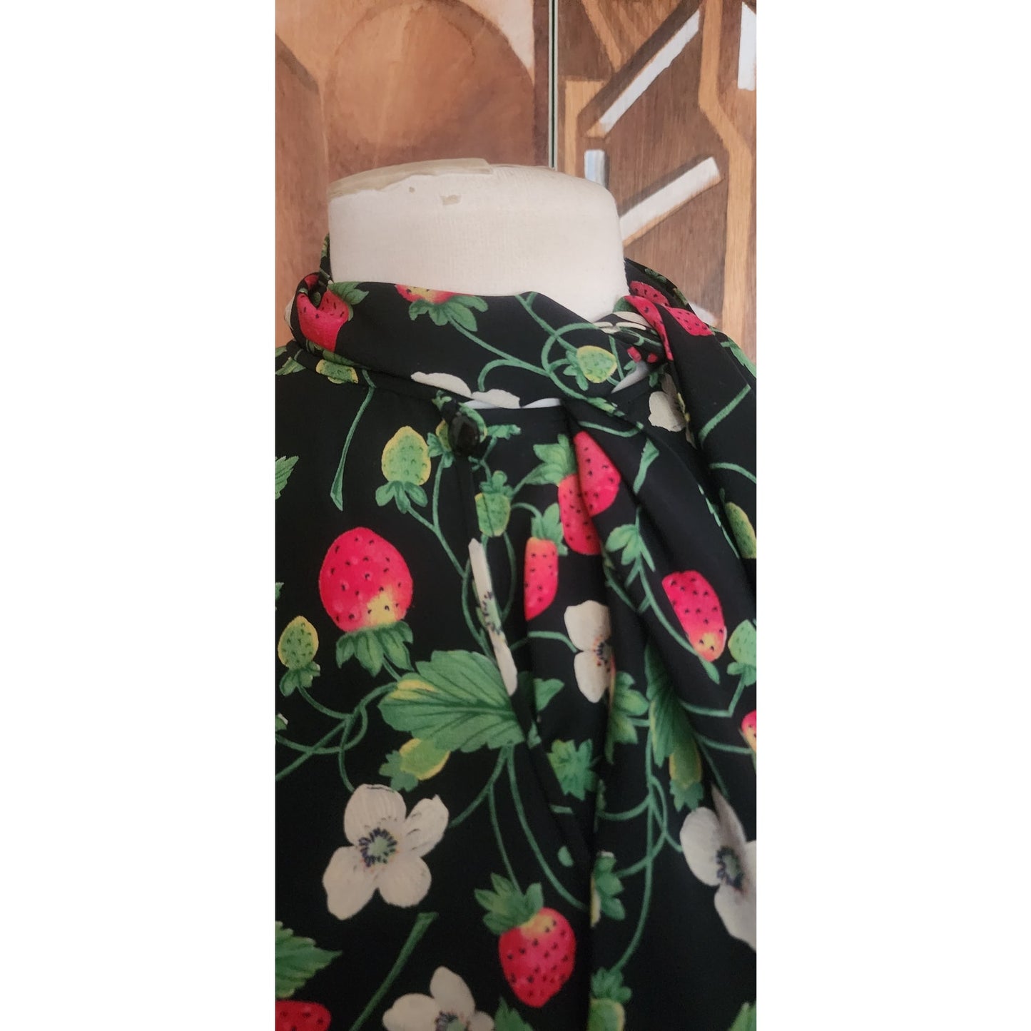 Vintage 1980s Emanuel Ungaro Parallele Blouse Strawberry Floral Print Silk Long Sleeve Shirt