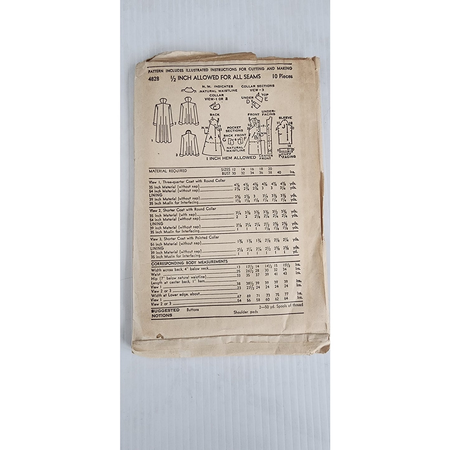 Vintage 1940s Sewing Pattern ORIGINAL Swing Coat & Swing Jacket Advance 4828 Bust34