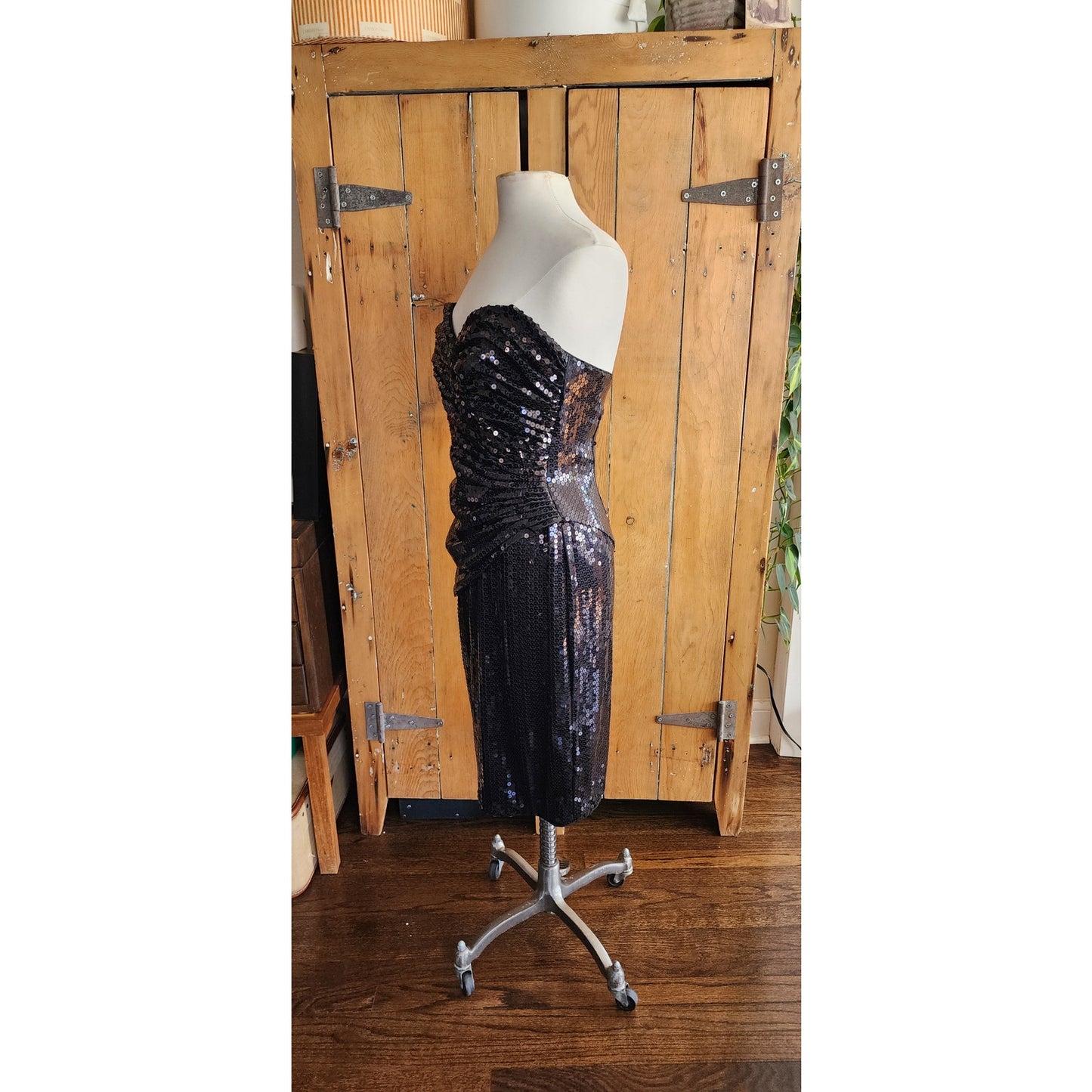 Vintage 80s Tadashi Strapless Dress Black Sequins Ruched Waist