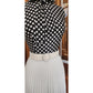 Vintage 1970s Maxi Dress Polkadot Print Pleated Skirt Black White Belted / S