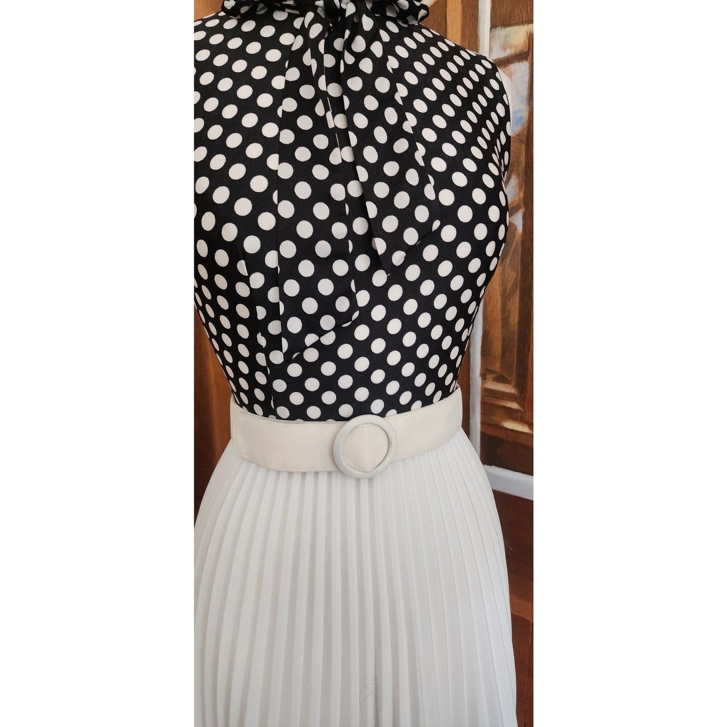 Vintage 1970s Maxi Dress Polkadot Print Pleated Skirt Black White Belted / S