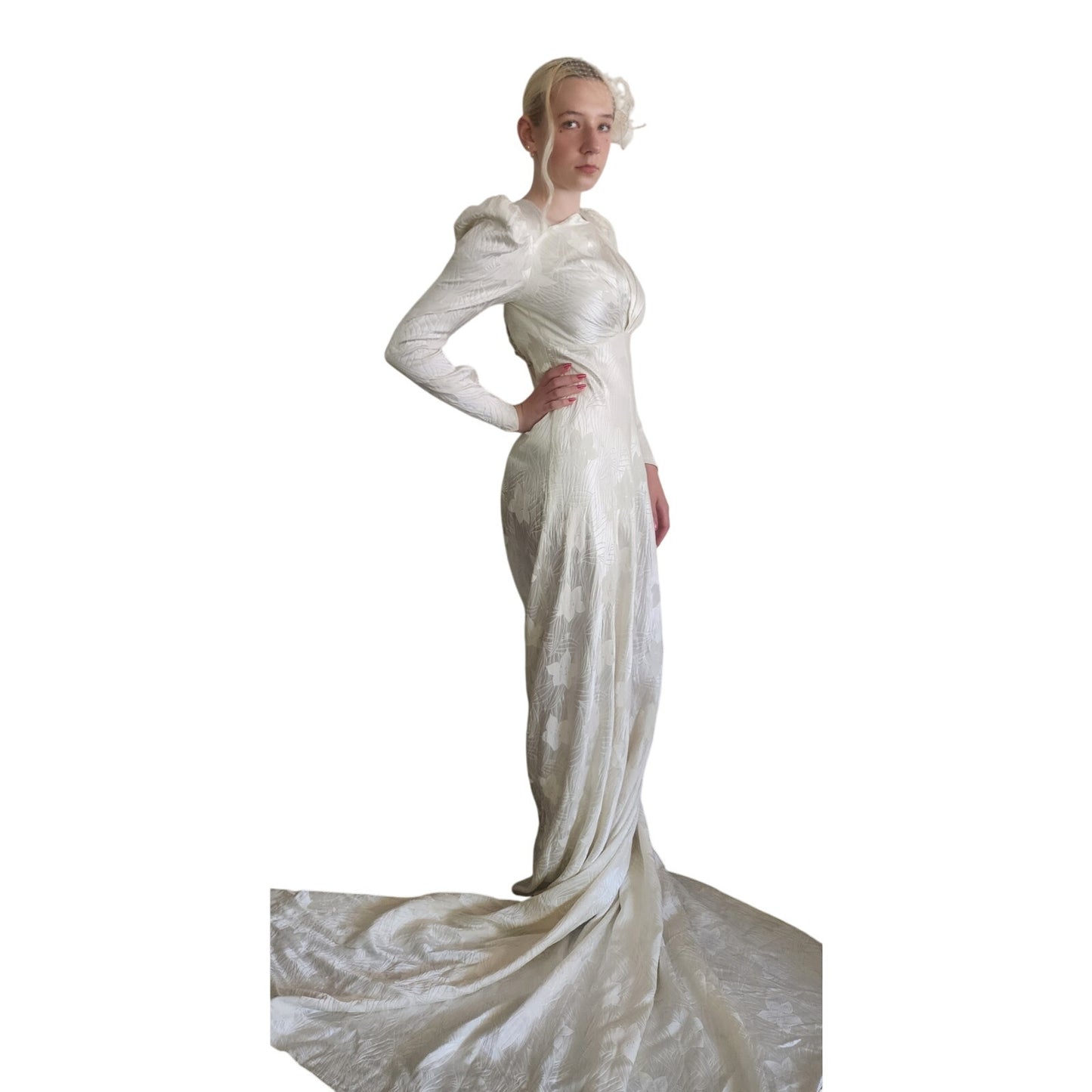 Vintage 1940s Wedding Dress Ivory Damask Long Sleeves by LaRose / Small