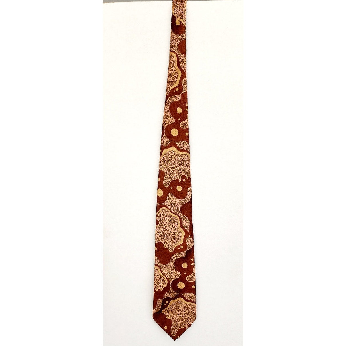 Vintage 60s Mens Necktie Psychedelic Brown Beige Print Abstract Plasma