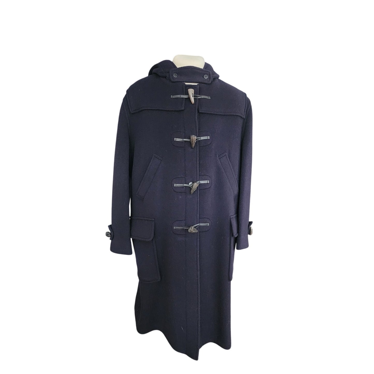 Vintage 1990s Mens Duffle Coat Lands End Navy Blue Wool Hooded w/Toggle Closure