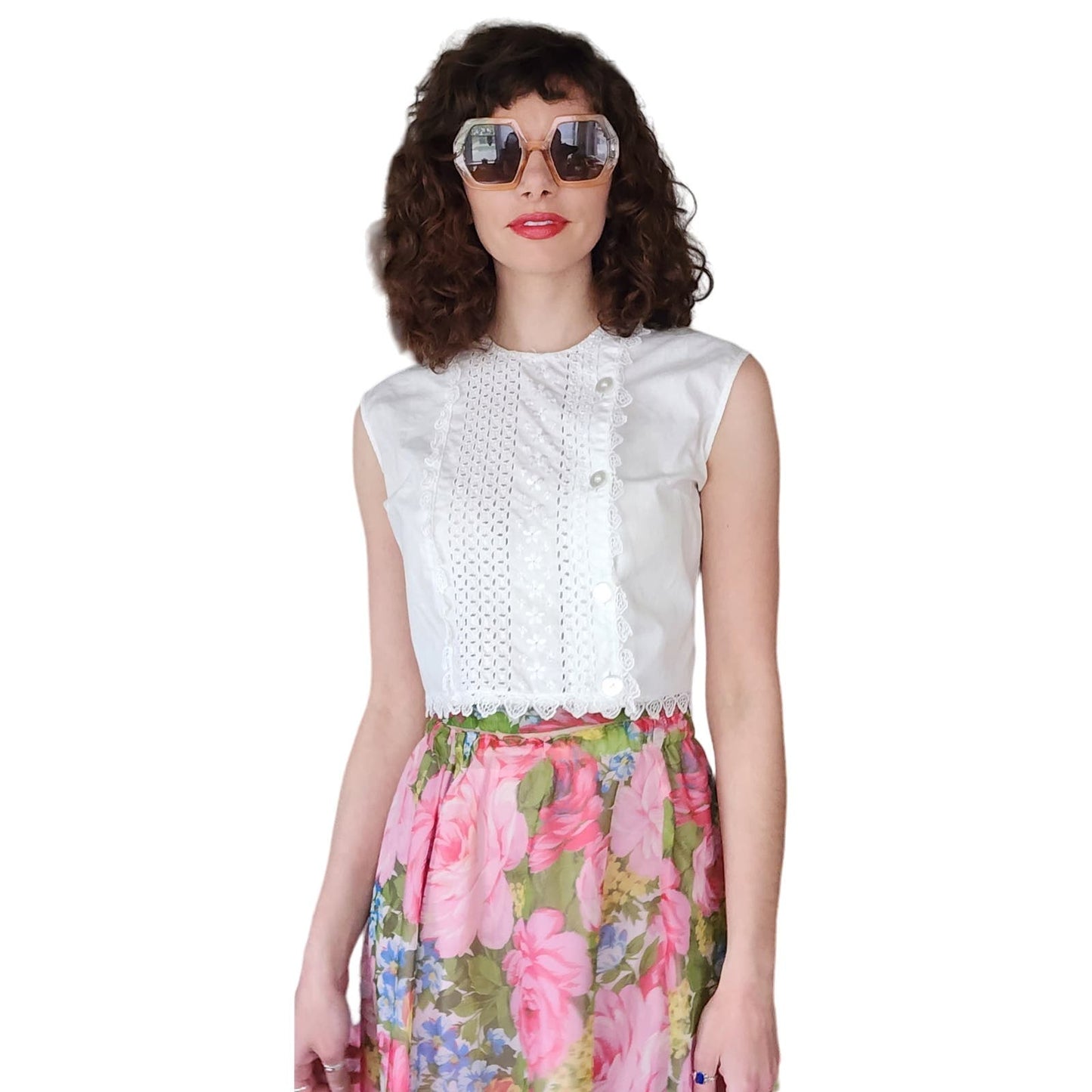 Vintage 50s White Cotton Blouse Eyelet Lace Cropped