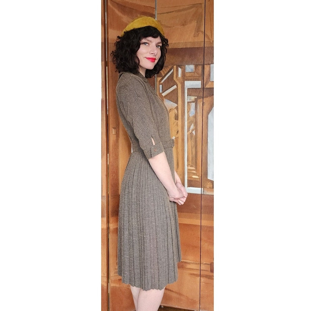 Vintage 40s Brown day Dress w/Belt Nubby Texture Kabro of Houston