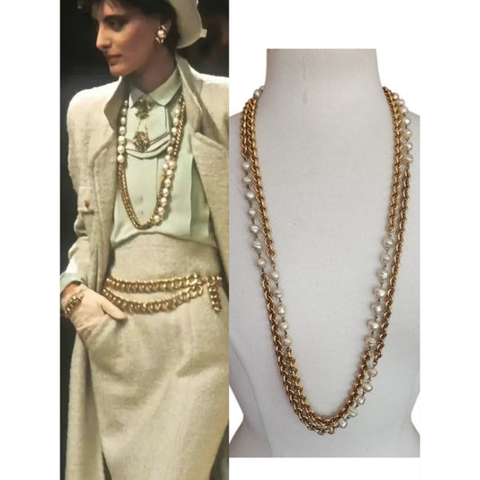 Vintage 1984 Chanel Necklace Gold Chain Baroque Pearl Couture Runway Lagerfeld