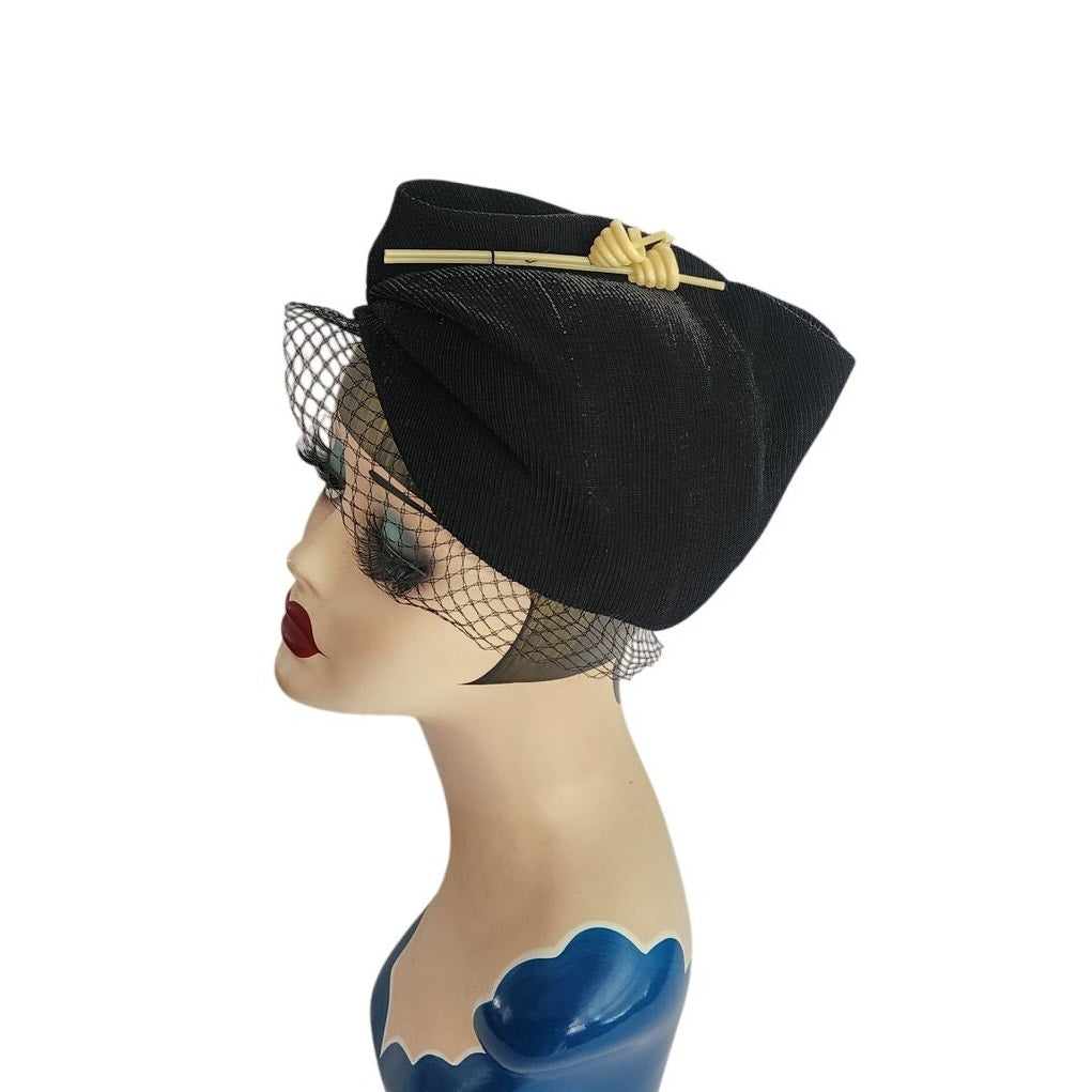 Vintage 30s Art Deco Style Hat Black w/Cream Lucite Modernist Design