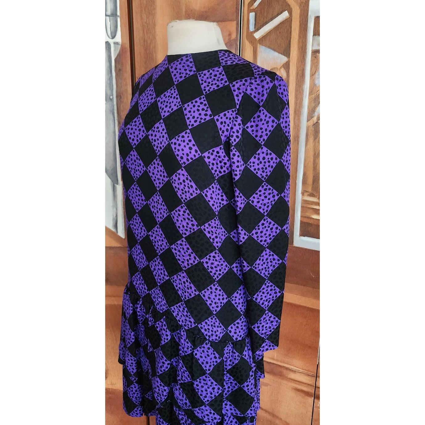 Vintage 80s GIVENCHY Silkprint Dress Purple Black Harlequin Diamonds Long Sleeved