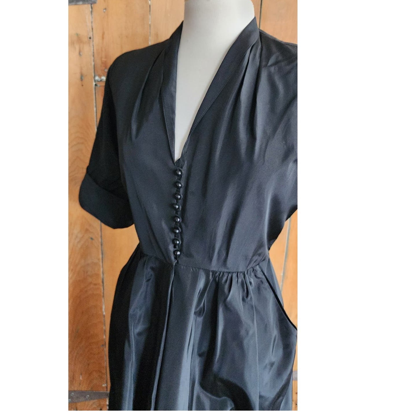 Vintage 50s Black Satin Dress Button Front Short Sleeves