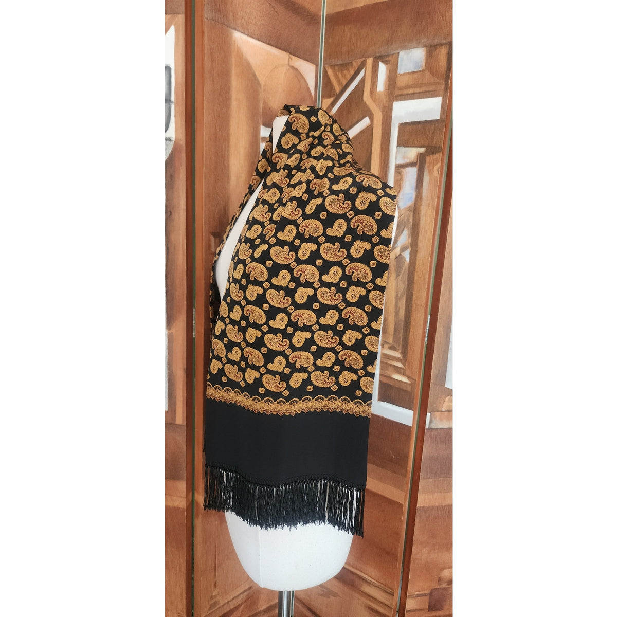 Vintage 1990s DKNY Scarf Black Gold Paisley Print Silk Oblong Fringe Donna Karan