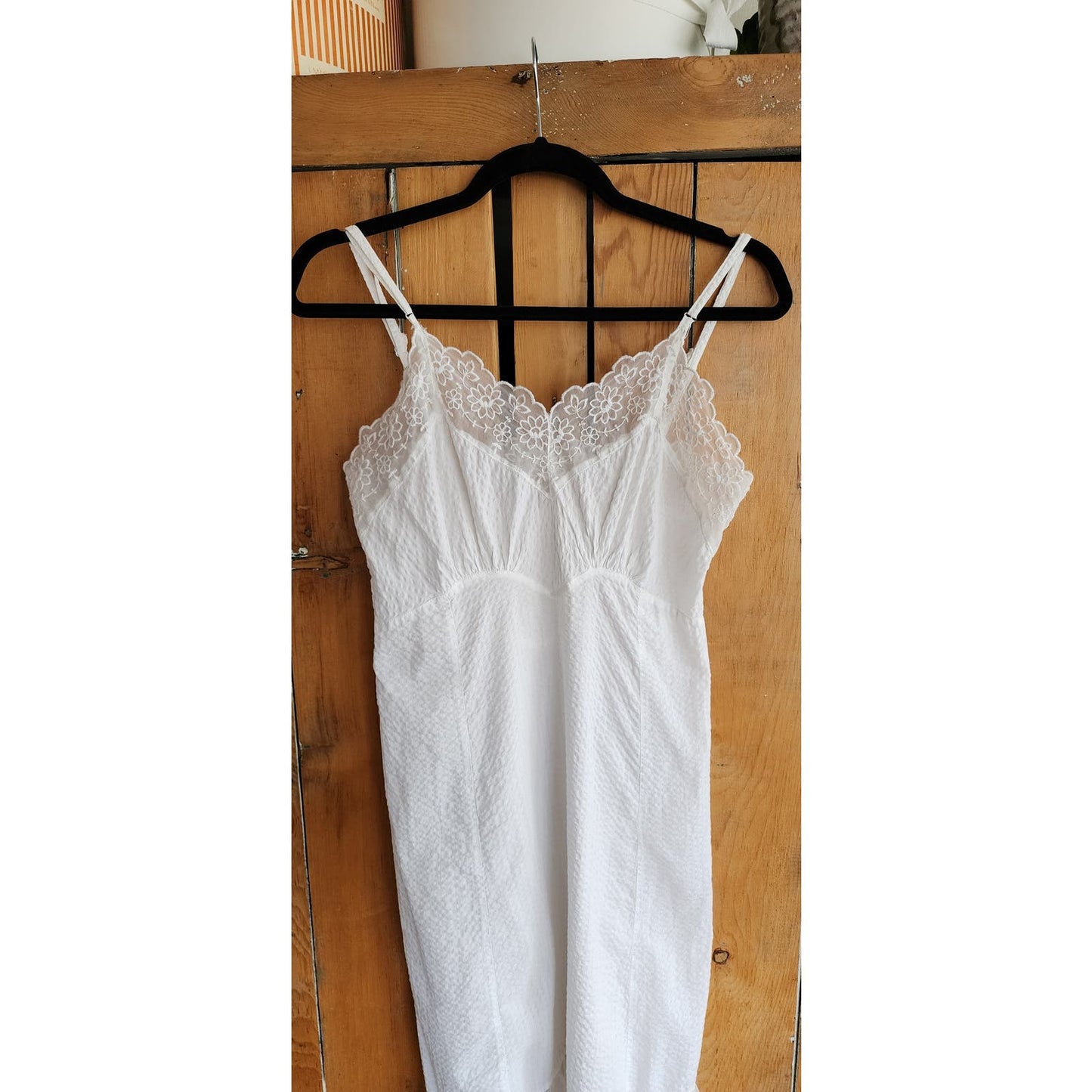 Vintage 50s White Slip Spaghetti Strap Seersucker Cotton + Lace