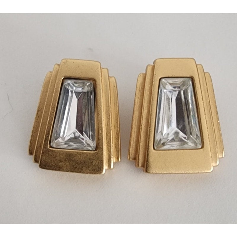 Vintage Art Deco Style Bracelet Clip Earrings Set Gold w/Clear Cut Glass