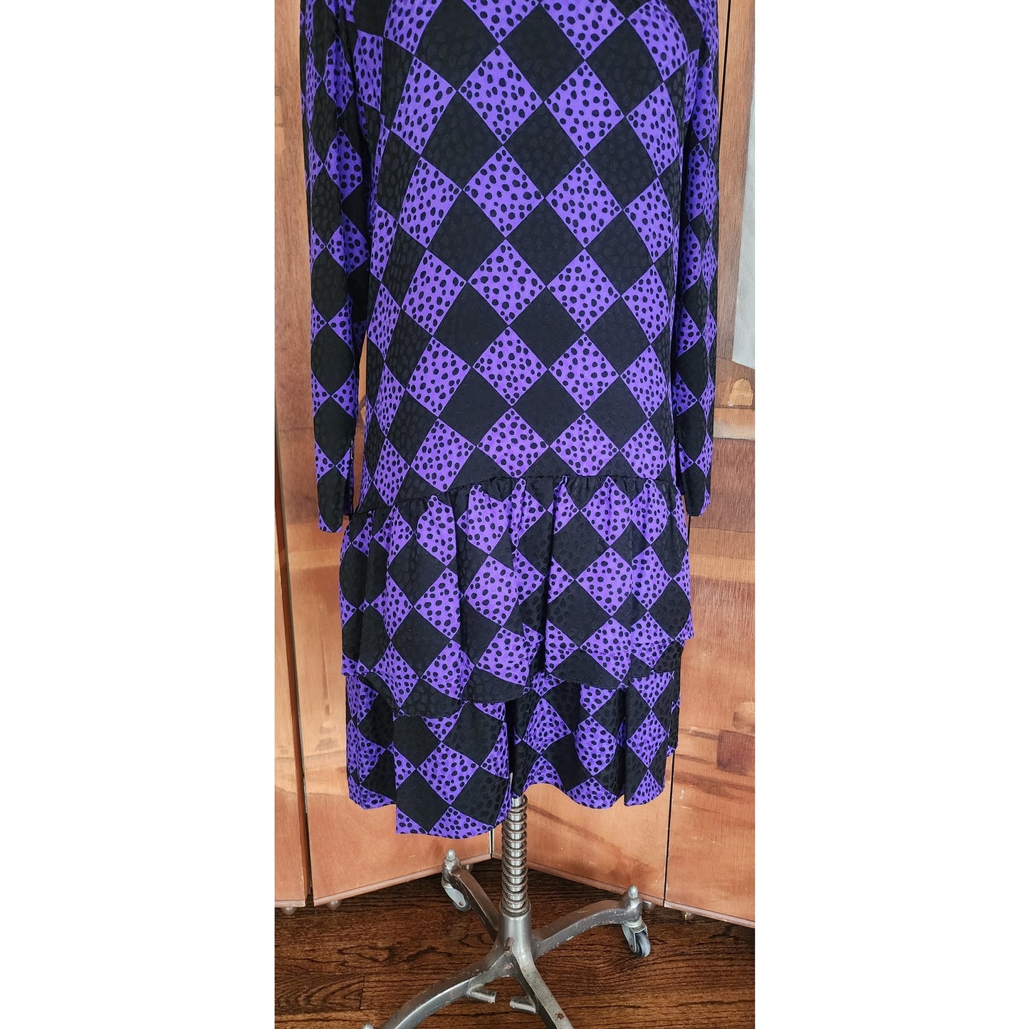 Vintage 80s GIVENCHY Silkprint Dress Purple Black Harlequin Diamonds Long Sleeved
