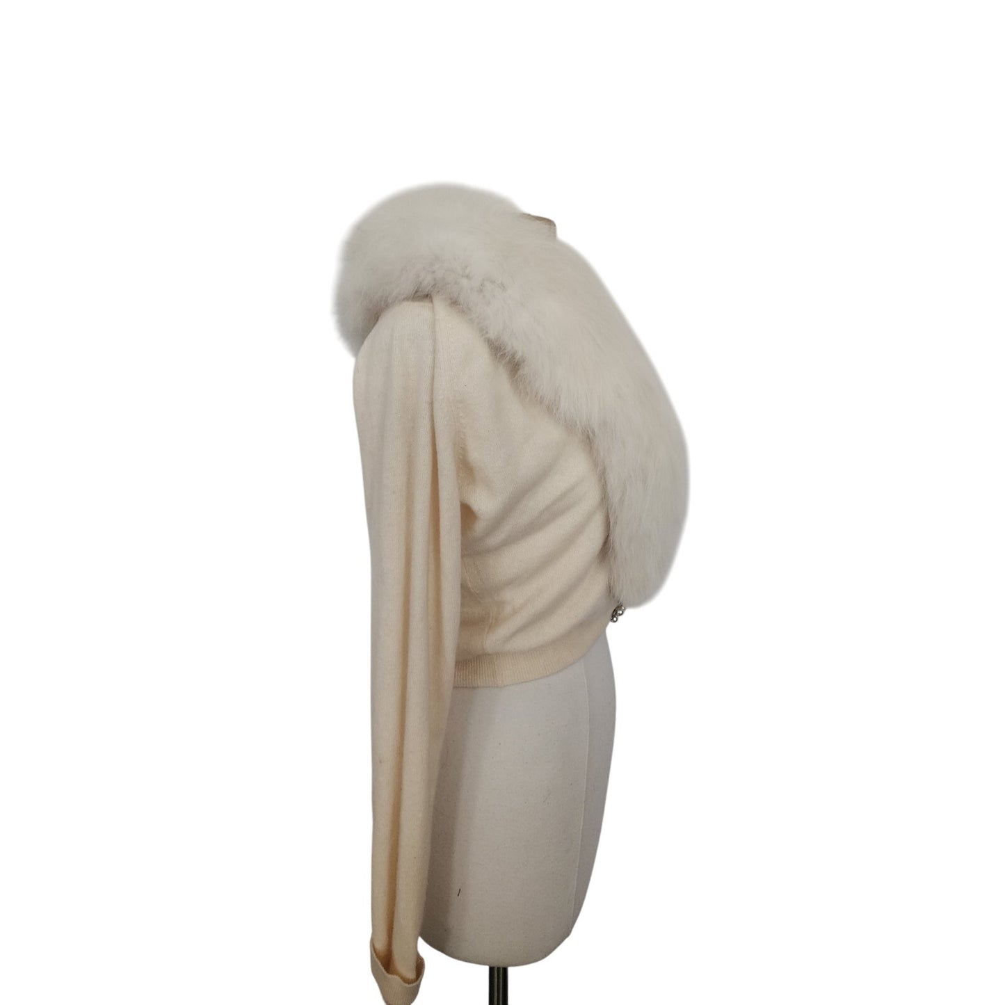 Vintage 1950s Cream Wool Cardigan White Fox Fur Collar Joseph Horne