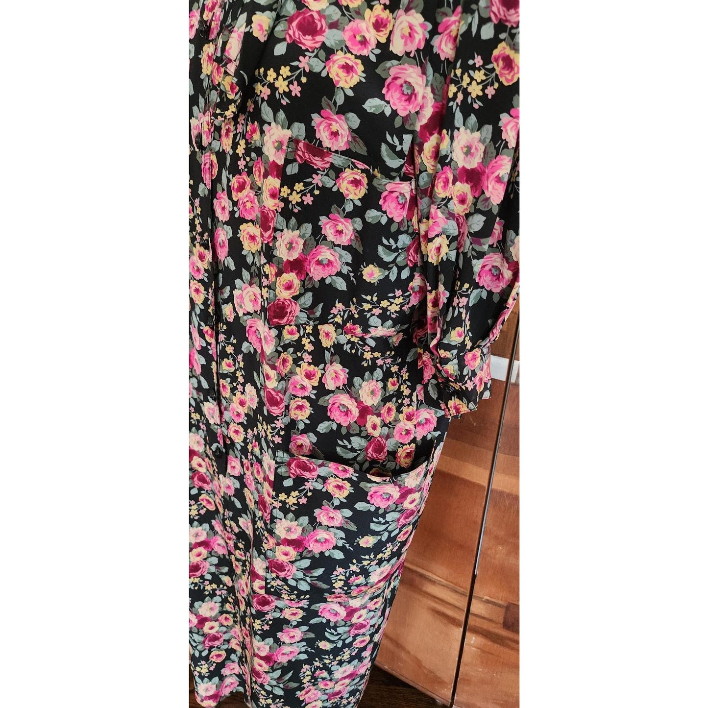 Vintage 1980s Ungaro Dress Silk Floral Rose Print Tie Neck Button Front Pockets