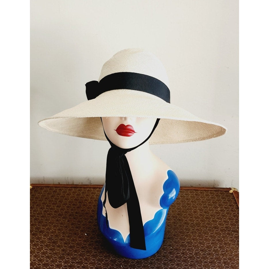 Vintage 90s Linda Campisano Cream Straw Hat Black Sash Tie