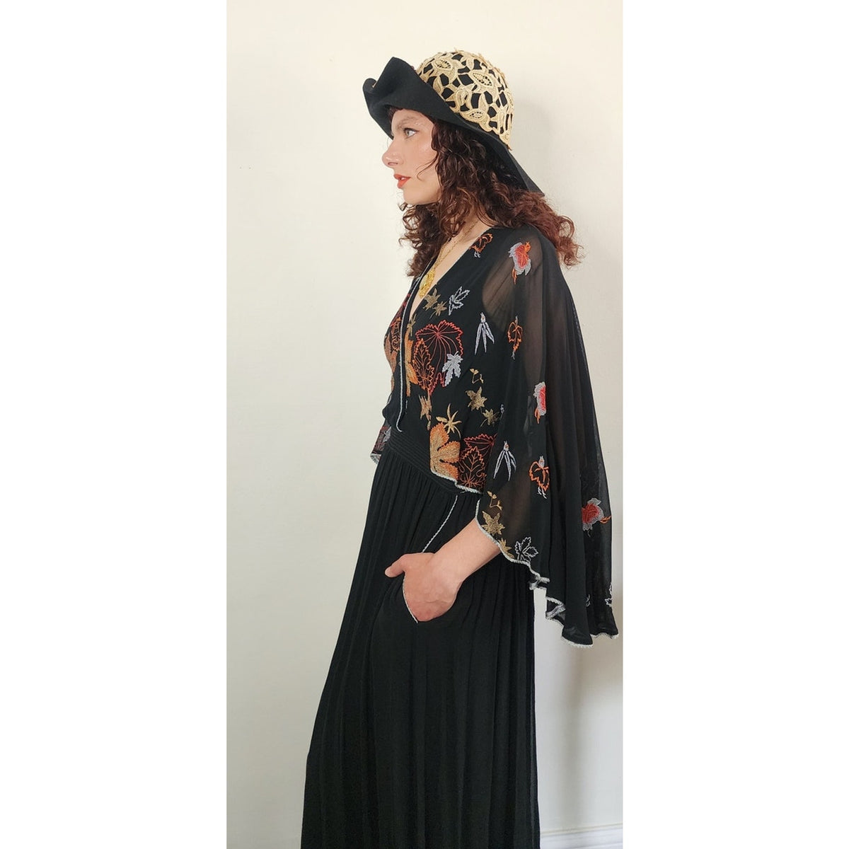 Vintage 1970s Janice Wainwright Dress Embroidered Black Maxi Butterfly Sleeves XS Tall
