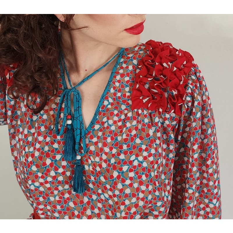 Vintage 1980s Lachine Tunic + Pants Set Polyester Georgette Red Graphic Print / Medium