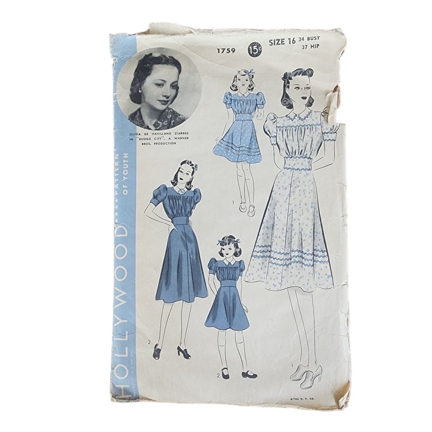 Vintage 40s Sewing Pattern ORIGINAL: Dress Olivia de Havilland Hollywood Pattern 1759