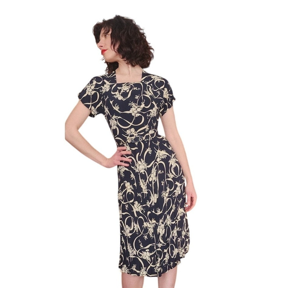 Vintage ORIGINAL 40s Leslie Fay Black Cream Floral Ribbon Rayon Midi Day Dress