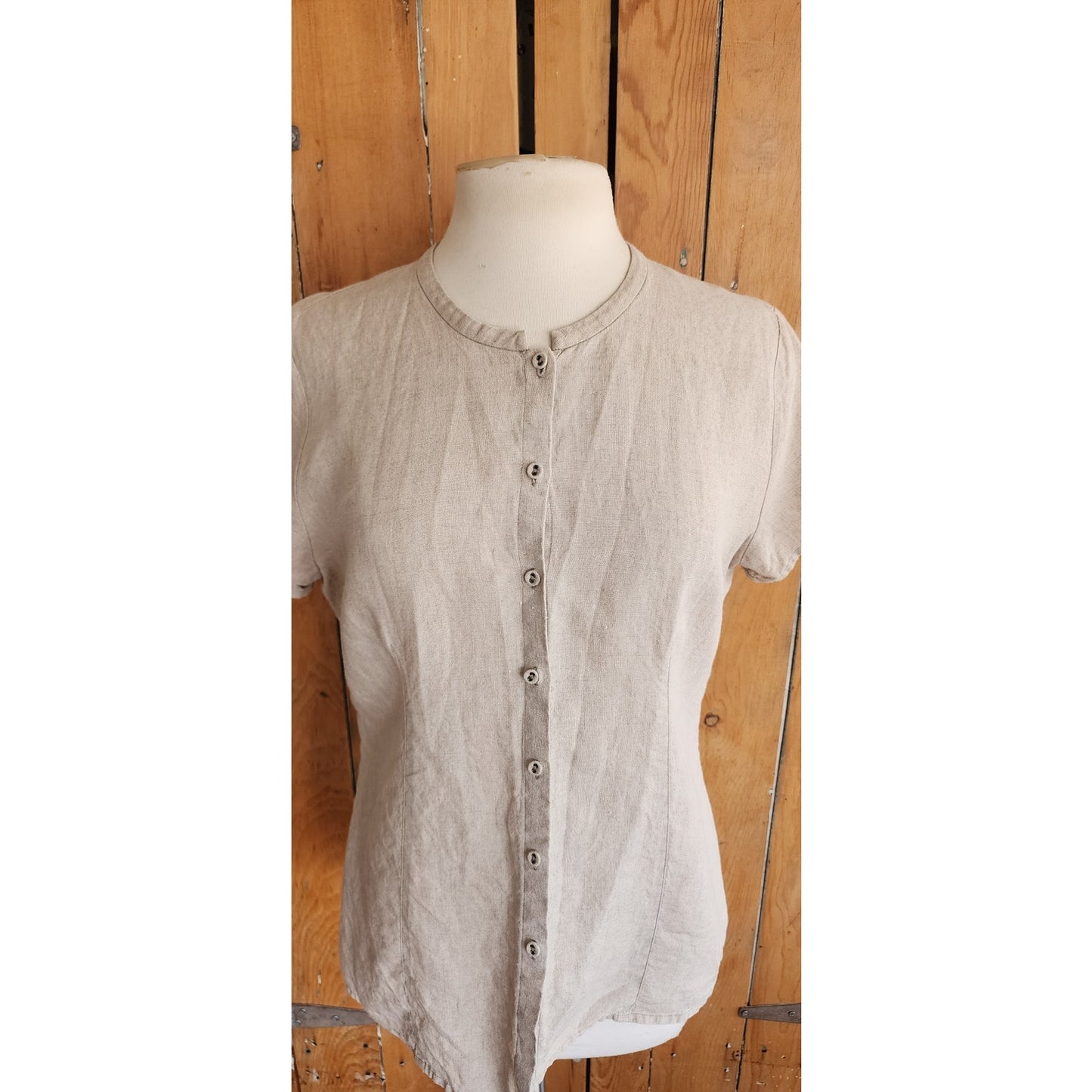 Eileen Fisher Beige Linen Top Short Sleeve Button Down / M