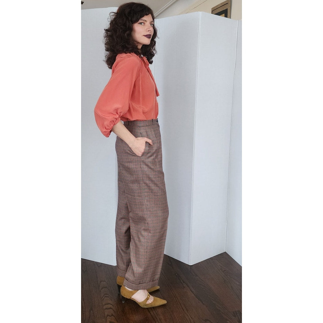 Vintage 80s Jaeger Pants Brown Plaid Wool Pleated Trousers / S