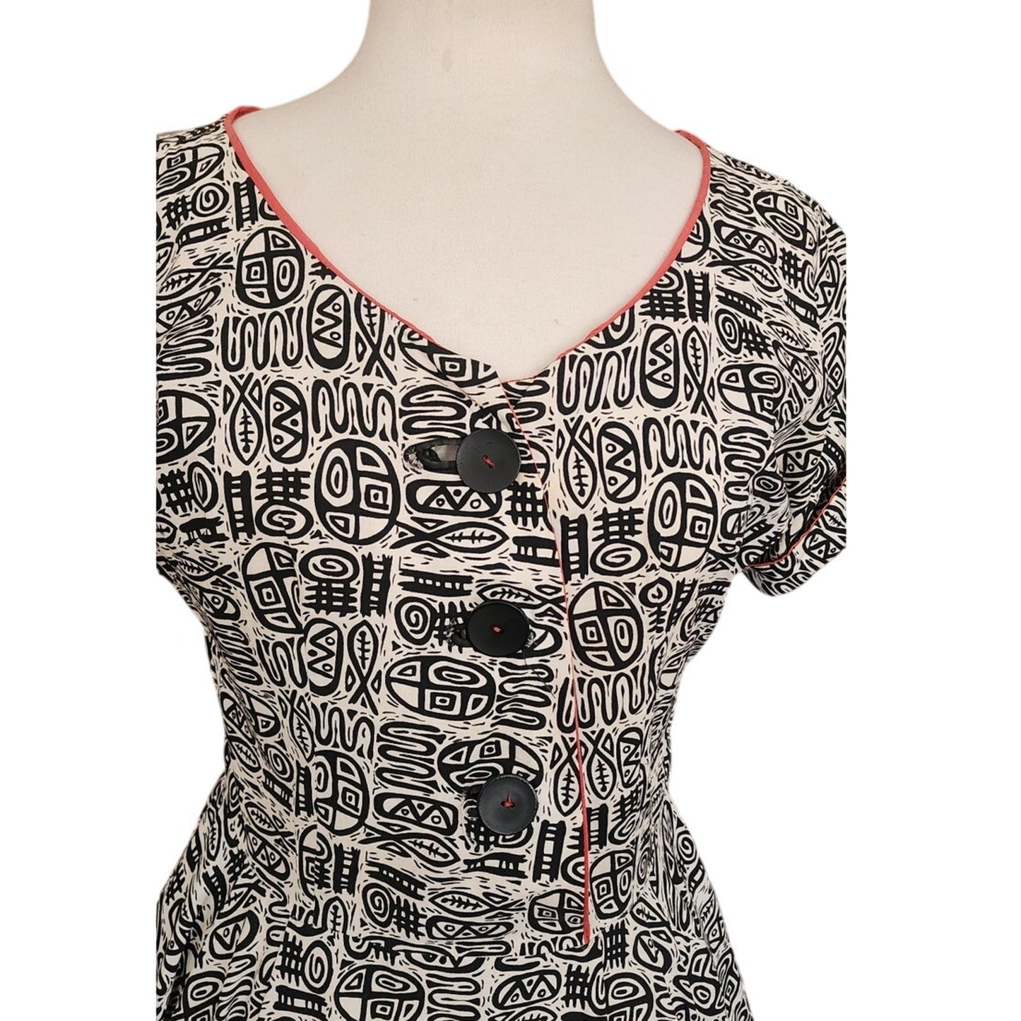 Vintage 50s Cotton Print Day Dress Black White MCM Tiki Pattern Rockabilly Short Sleeved / M