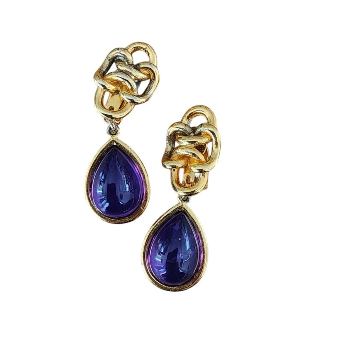 Vintage 1980s Clip Earrings Gold Purple Teardrop Etruscan Revival Chunky Oversized