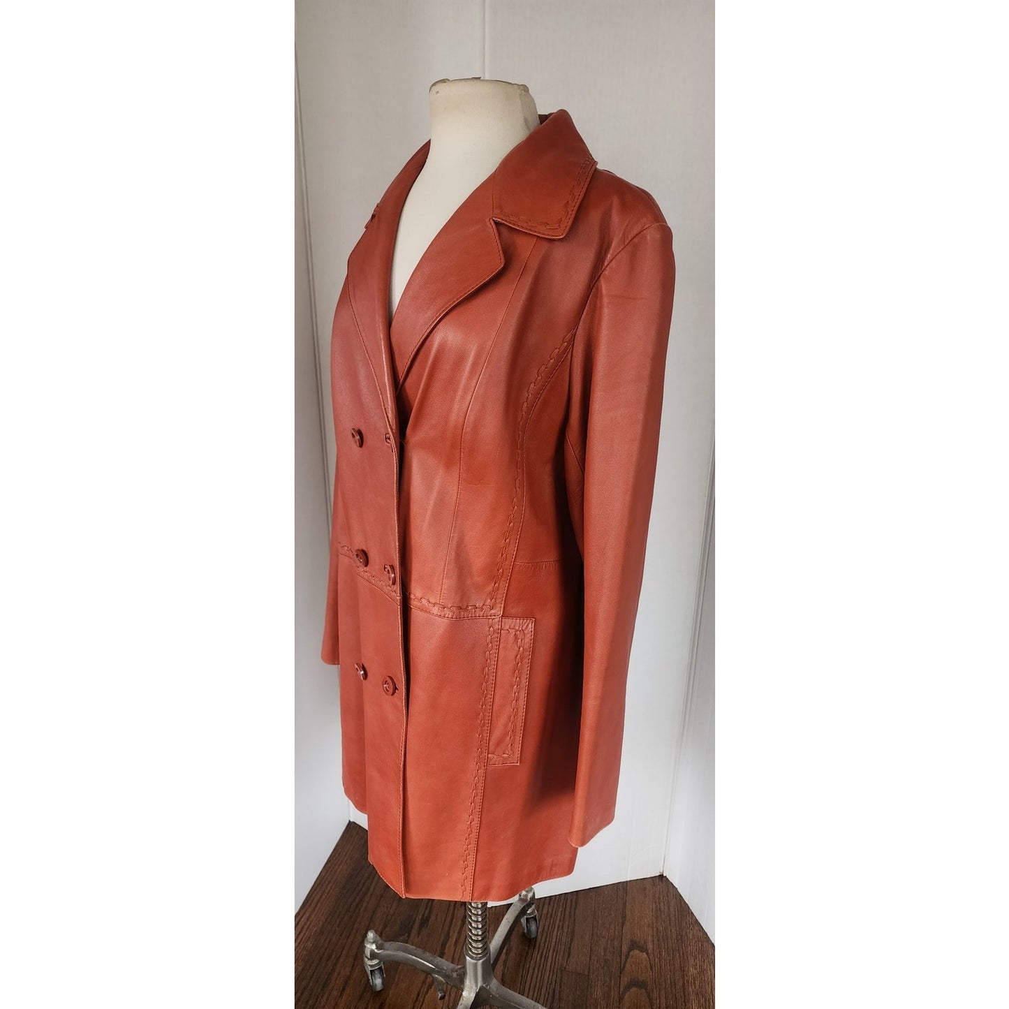 Vintage 70s Brown Leather Coat Hip Length Double Breasted / L