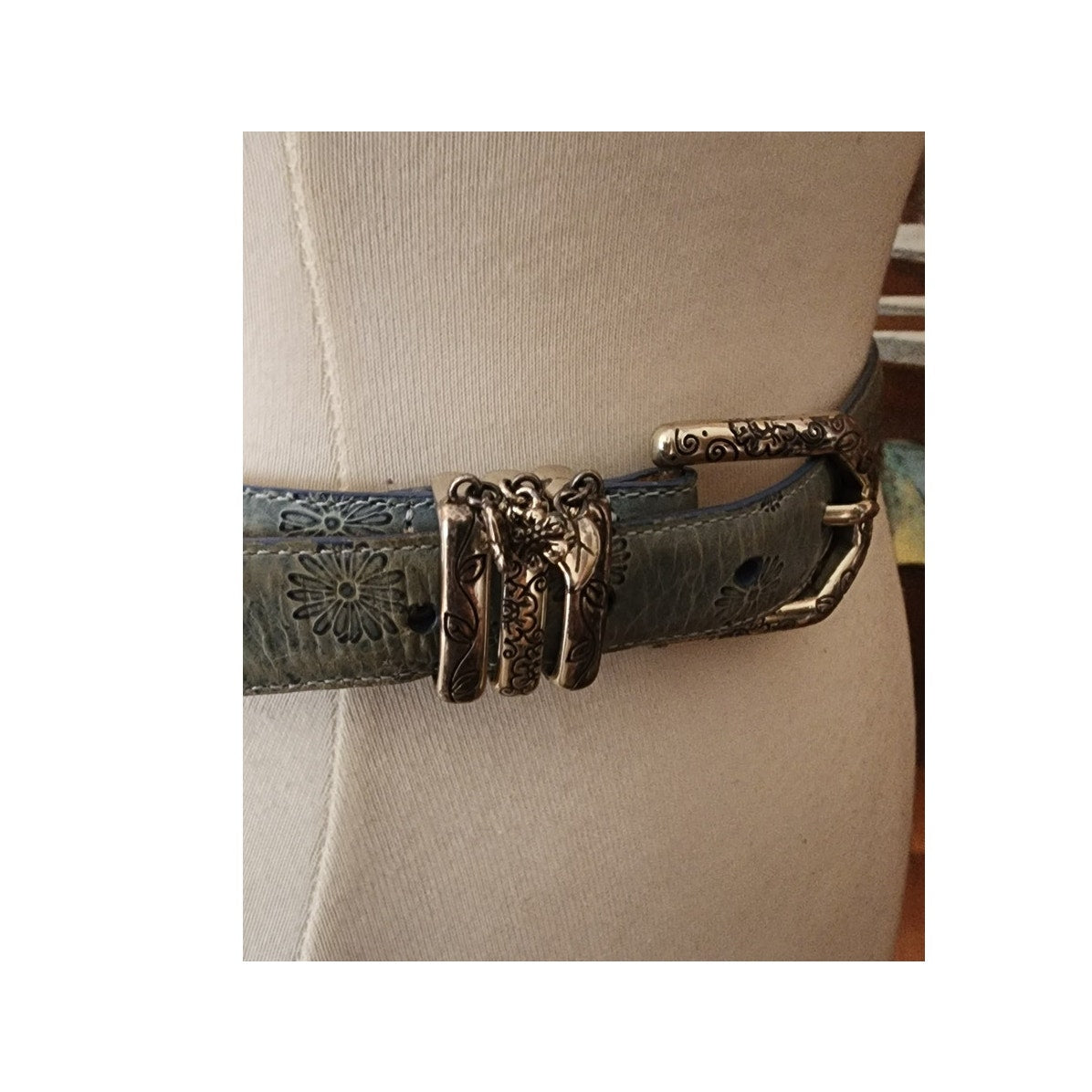 Vintage 1990s Brighton Belt Baby Blue Tooled Leather Silver Charms Waist 28
