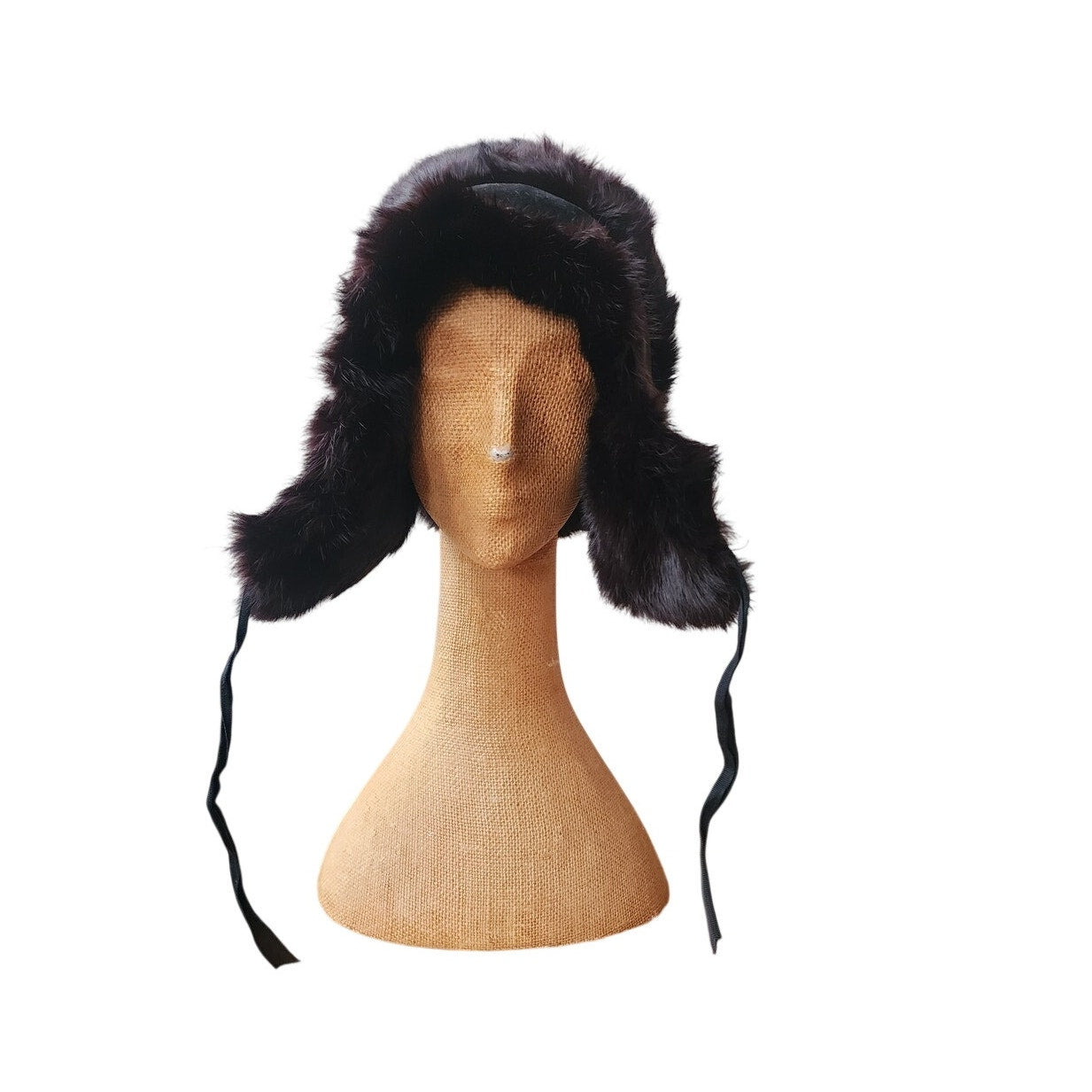 Vintage Black Fur Trapper Hat North King Ushanka Rabbit + Suede Ear Flaps Unisex
