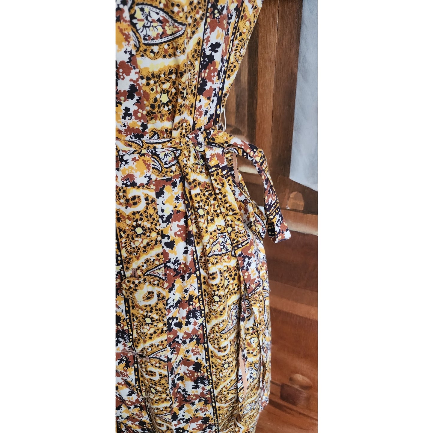 Vintage 50s Cotton Print Day Dress Yellow Black Paisley Print Shirtdress / M