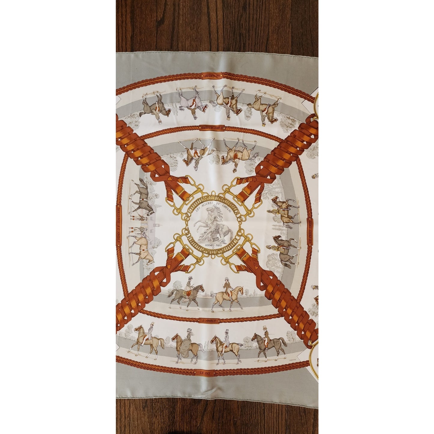 Hermes Silk Scarf "Les Allures de Cheval" by Ledoux Equestrian Horse Print Gray