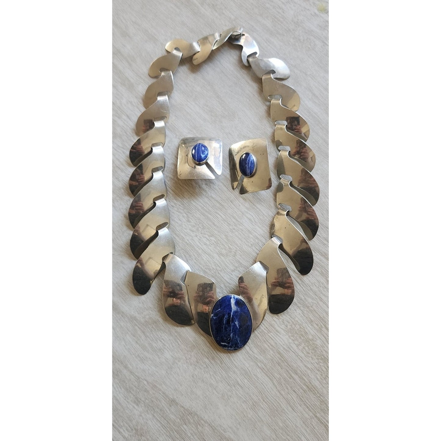 Vintage 80s FLORELLE Necklace Earring Set Sterling Silver & Blue Sodalite