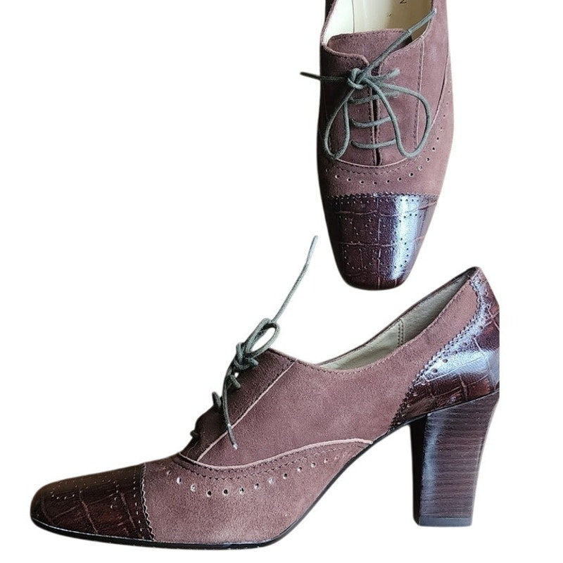 Vintage 1930s Style Brown Suede Shoes Lace Up Oxford Heels Anne Klein 6.5
