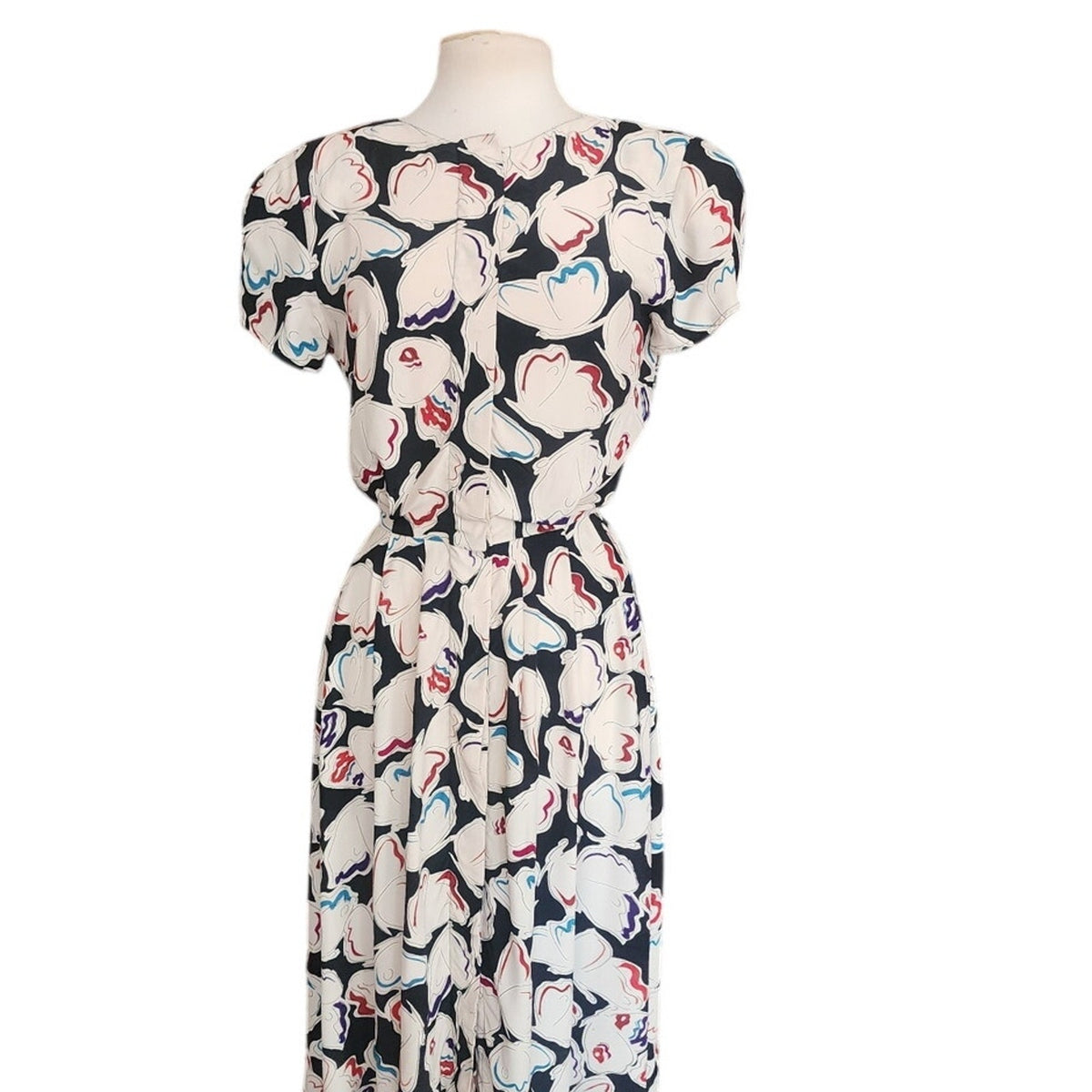 Vintage 1980s Krizia Dress Silk Abstract Print Puff Sleeves Open Back Midi IT 40