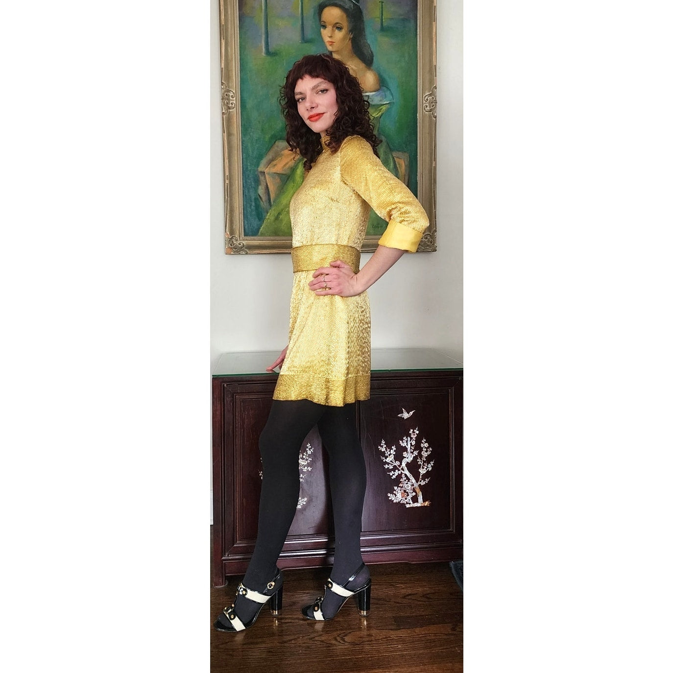 Vintage 60s Gold Mini Dress w/Belt Doreen Lok / S