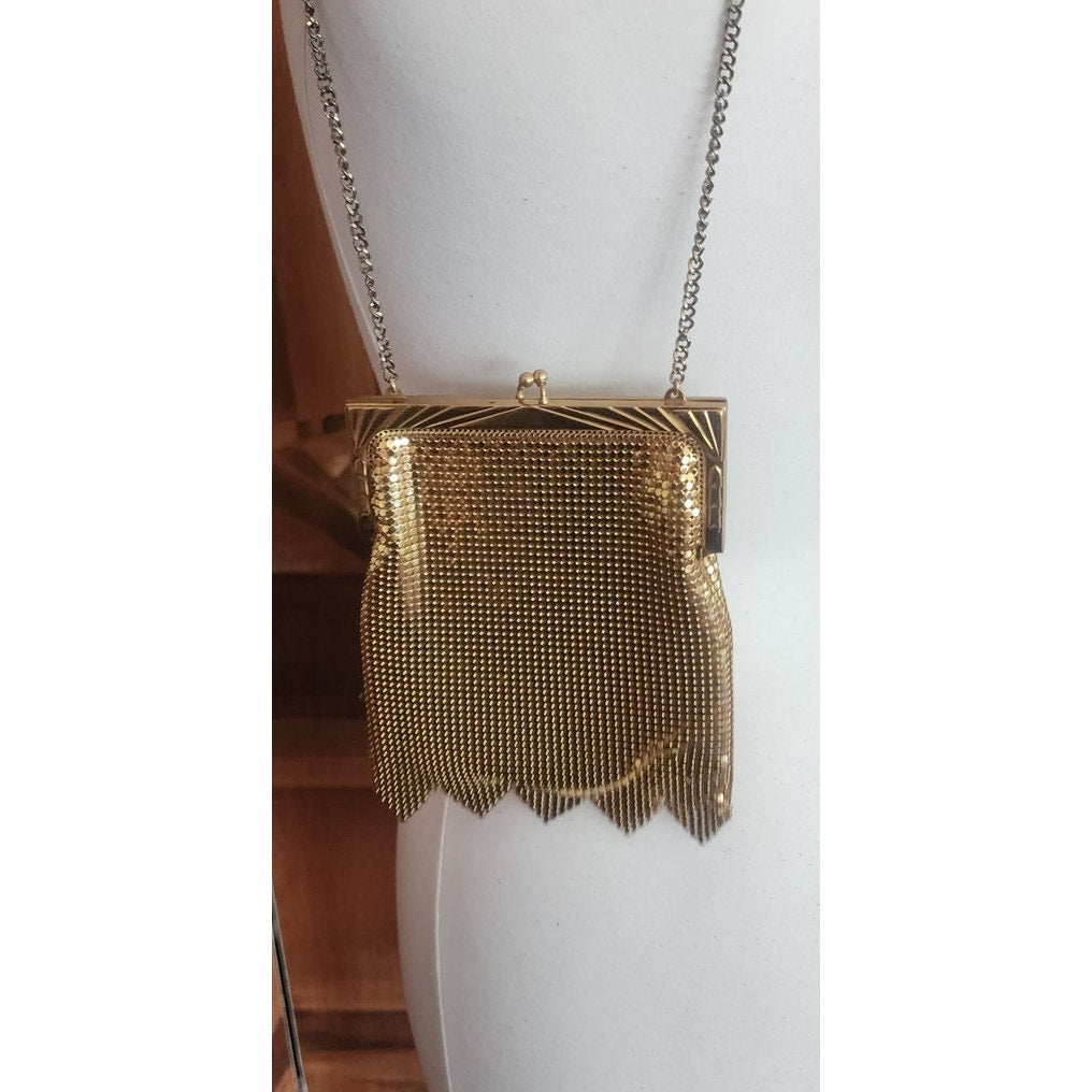 Vintage 50s Whiting & Davis Gold Mesh Bag Dressy Evening Purse Scallop Hem Art Deco Frame